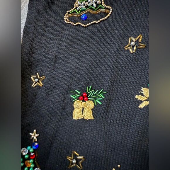 VTG VJ Woman Festive Christmas Sweater Black Colorful Embroidery Knit Size 2X - Picture 9 of 12